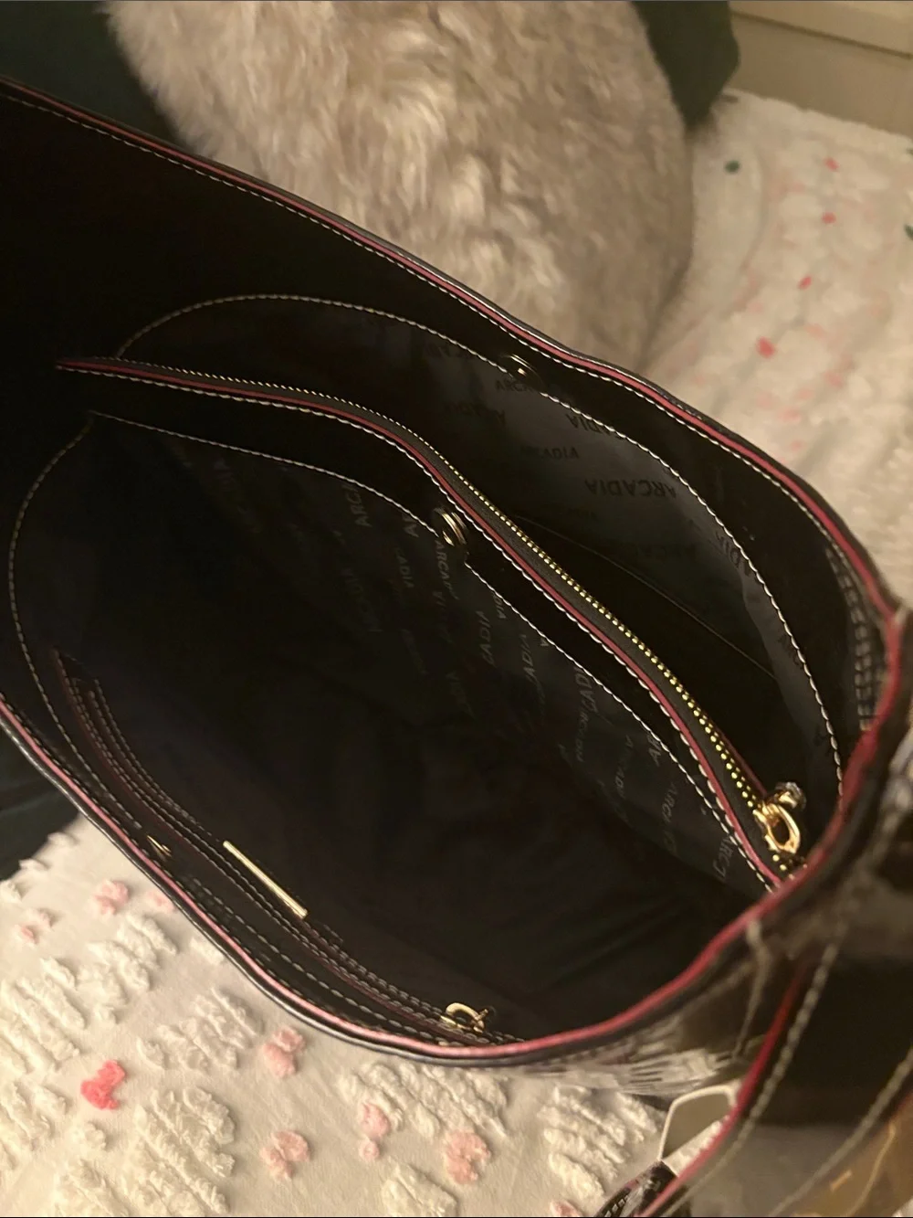 Patent Leather Shoulder Hobo Bag in Black with Red Trim